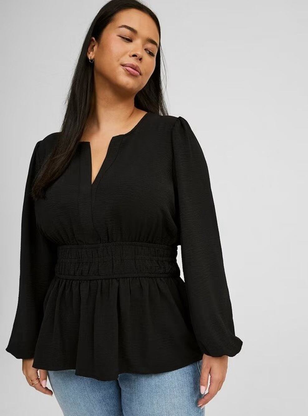 NWT TORRID Size 3 3X Black Peplum Long Sleeve Blouse Flowy Waist NEW